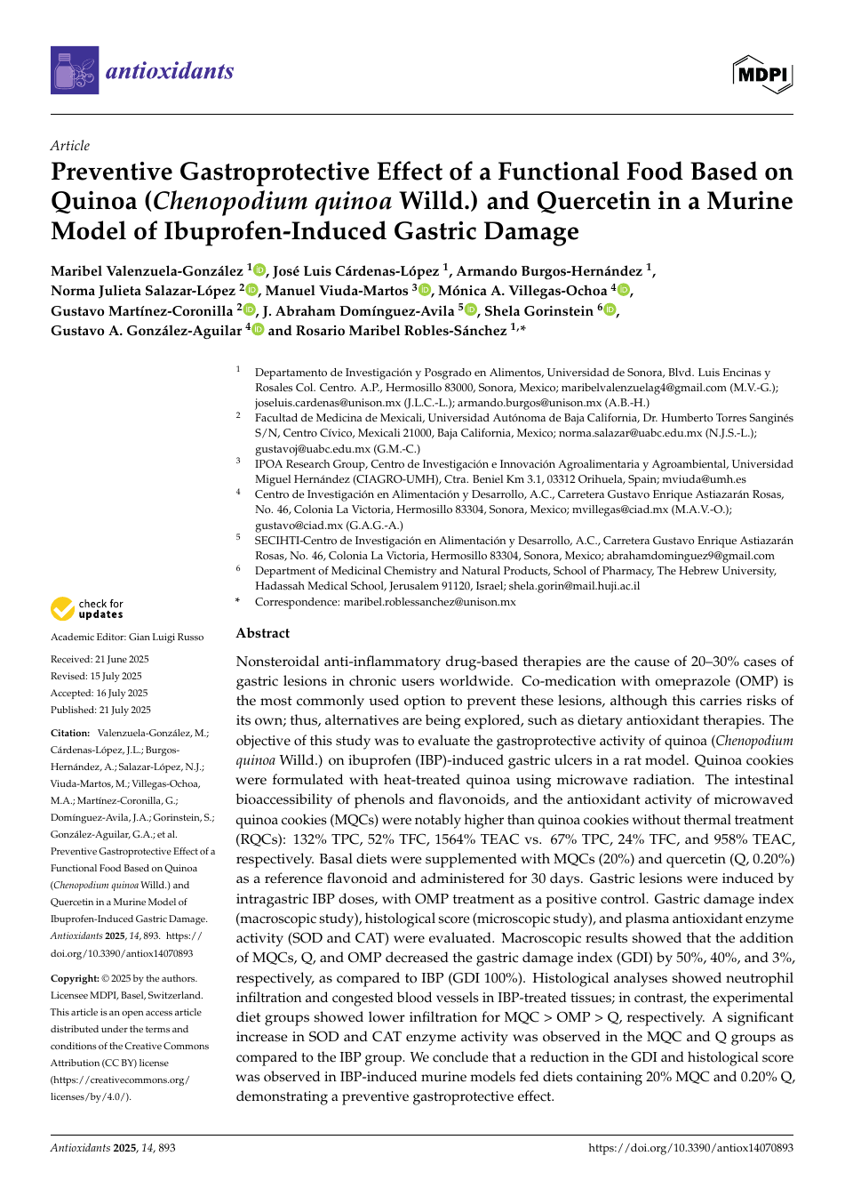 Primera página del artículo sobre quinoa, quercetina y gastroprotección