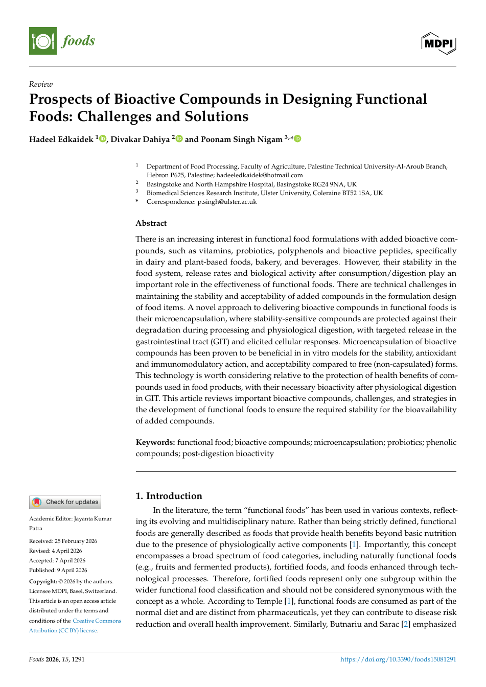 Primera página del artículo Prospects of Bioactive Compounds in Designing Functional Foods