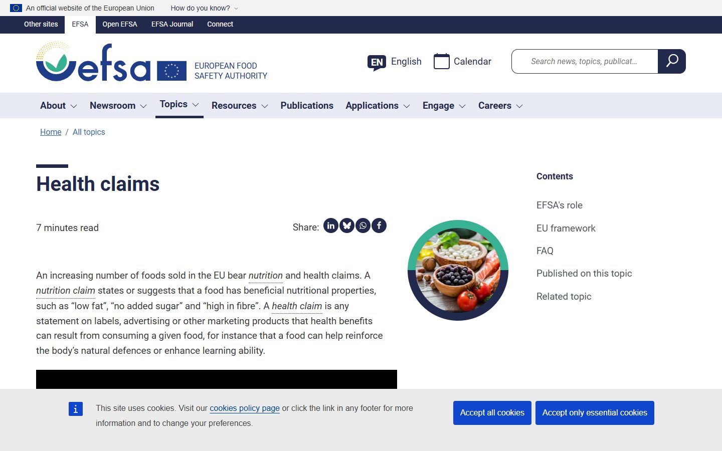 Vista del tema Health claims en el sitio oficial de EFSA